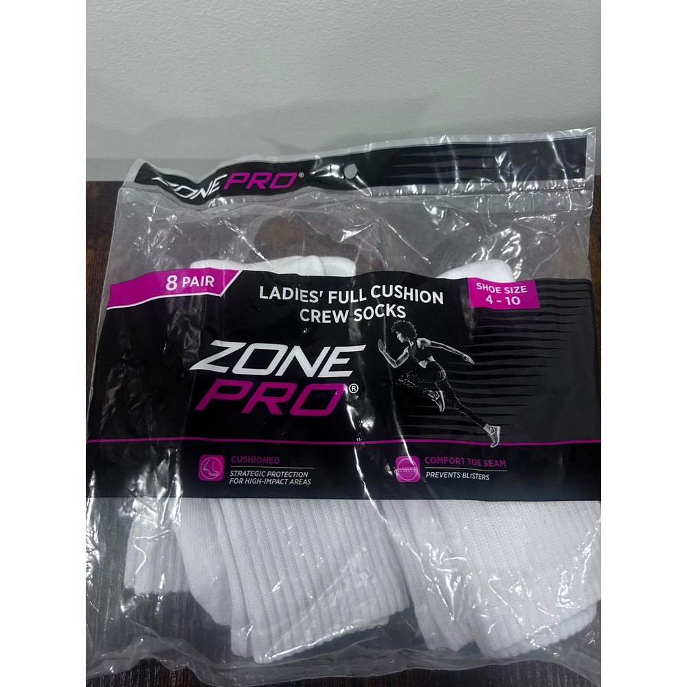 Zone Pro Ladies Full Cushion Crew Socks White 4 Pairs Shoe Size 4-10 Athletic